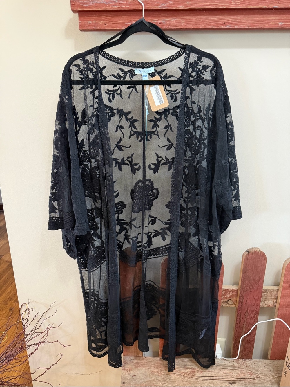 She + Sky Black Sheer Floral Lace Kimono